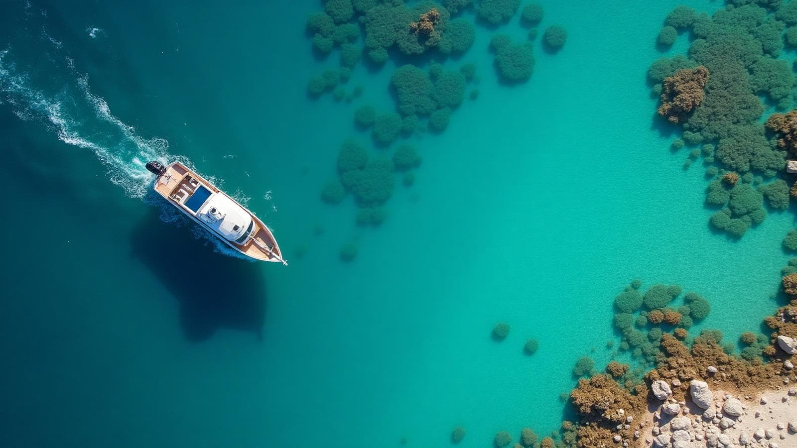Un bateau vu du ciel entre les récifs et les eaux turquoise.